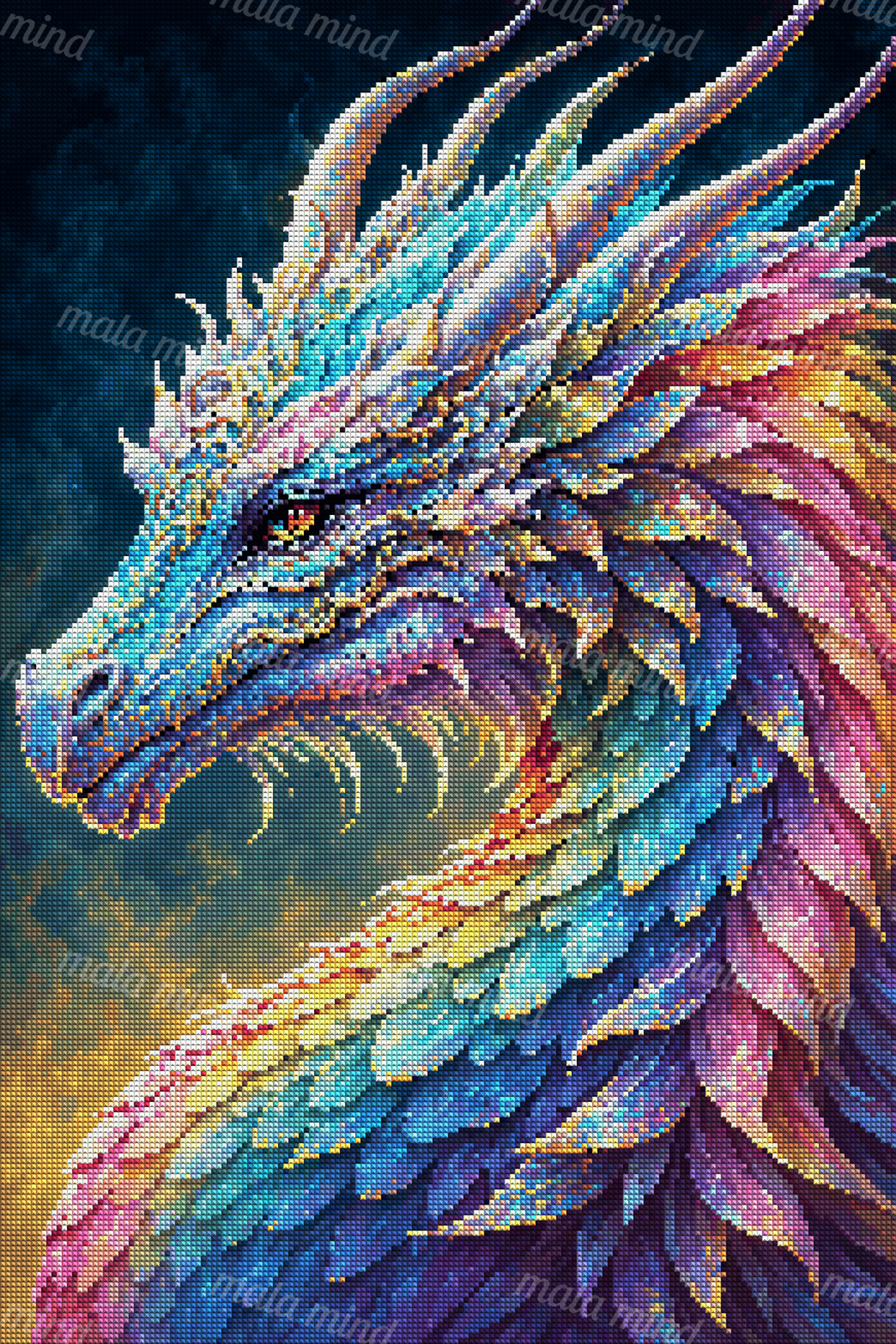 Colorful ornate dragon portrait with curling horns, amber eye, and layered iridescent scales — 04_diamond_render
