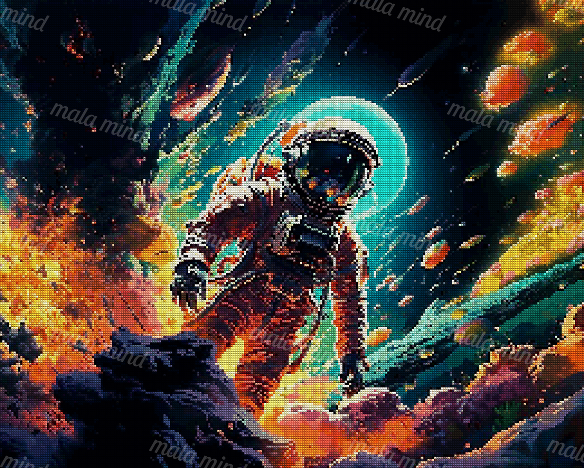 Astronaut in a reflective helmet exploring a colorful alien landscape beneath a dark cosmic sky — 04_diamond_render
