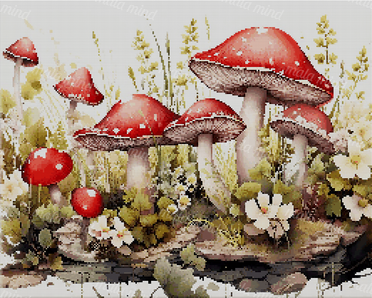 Red-and-white spotted mushrooms surrounded by flowers, grasses, leafy plants, and rocks in a woodland scene. — 04_diamond_render