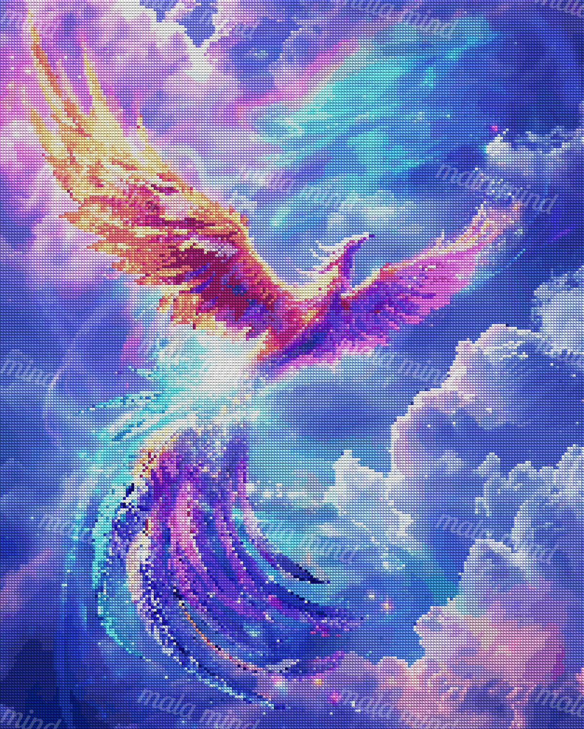 Radiant phoenix with fiery wings and long multicolored feathers rising through a violet and blue cosmic sky. — 04_diamond_render