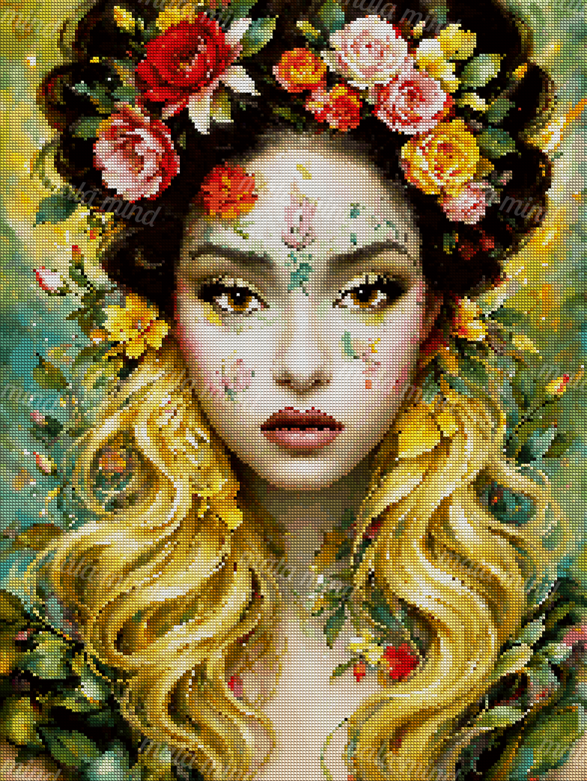 Woman with golden hair, floral crown, and botanical face markings in a colorful portrait — 04_diamond_render