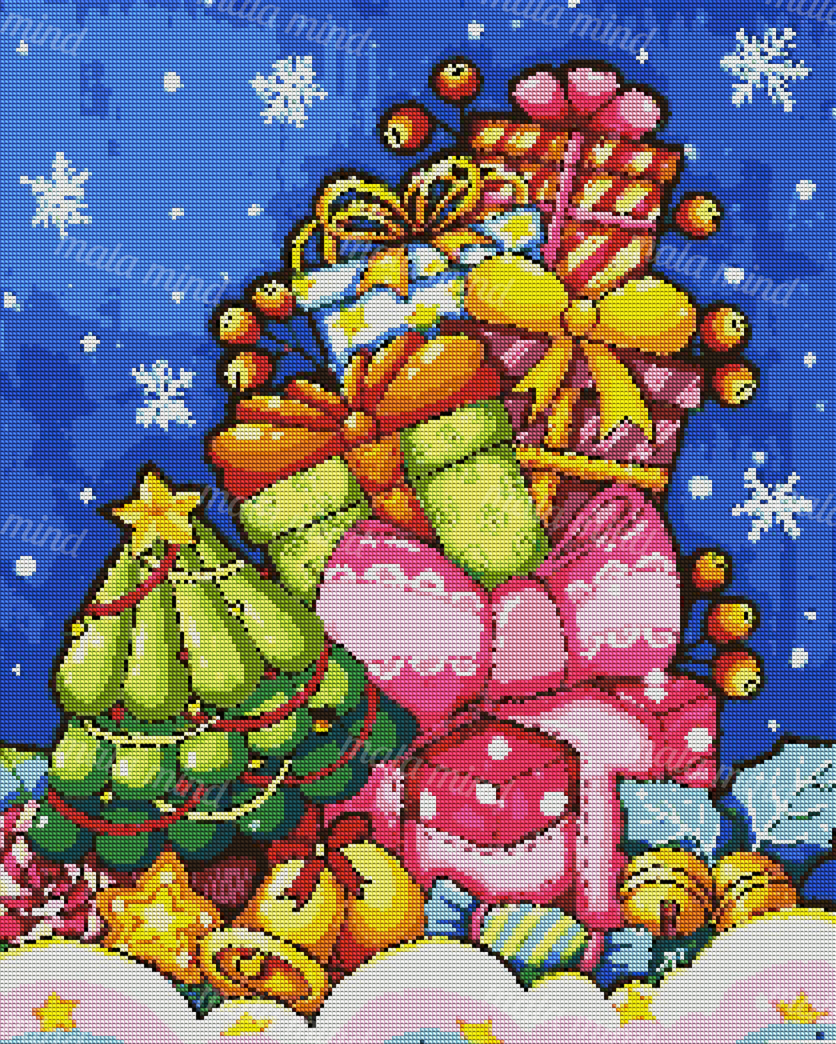 Colorful Christmas presents beside a decorated tree with sweets and falling snow on a blue background — 04_diamond_render