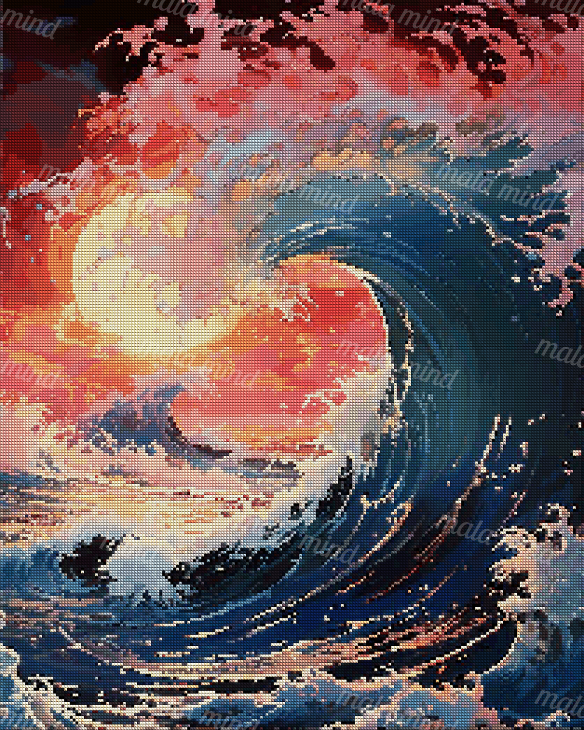 Stylized dark-blue ocean wave curling through pink, orange, and yellow foam with glowing light and spray — 04_diamond_render