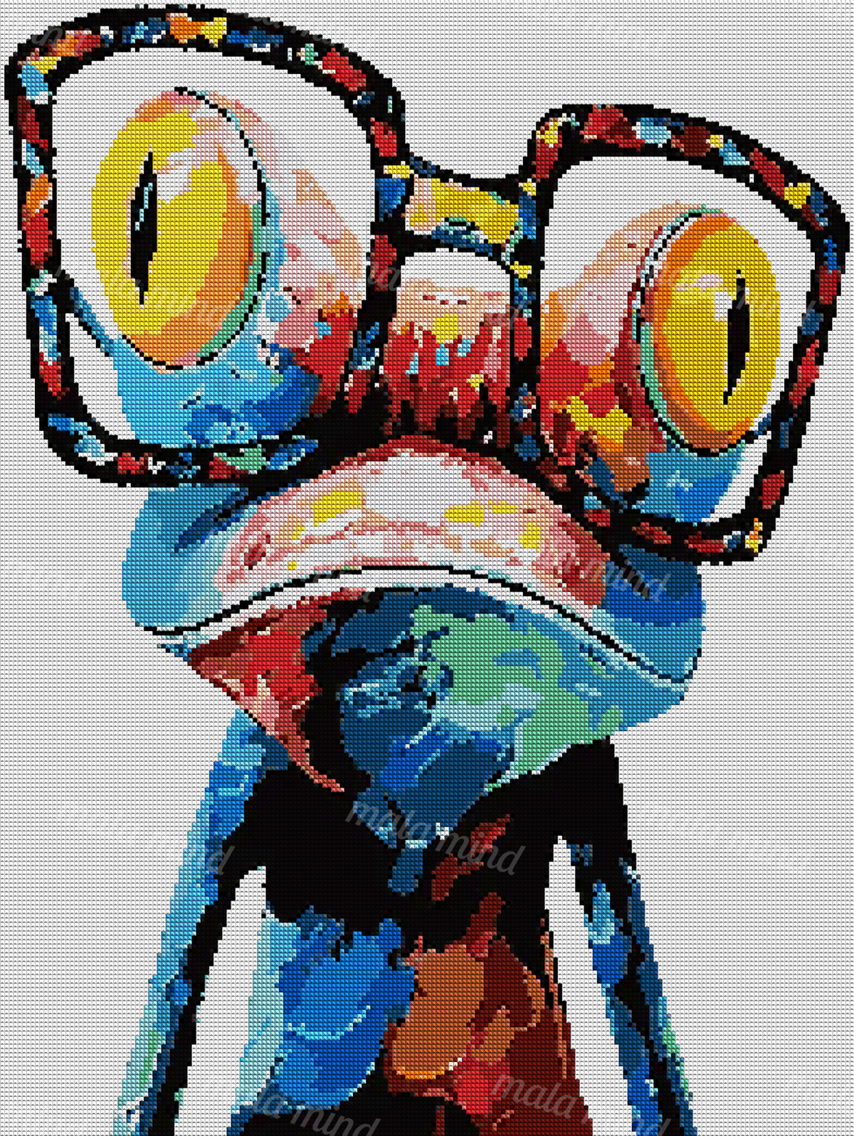 Abstract colorful figure wearing oversized black glasses and a patterned scarf on a white background — 04_diamond_render