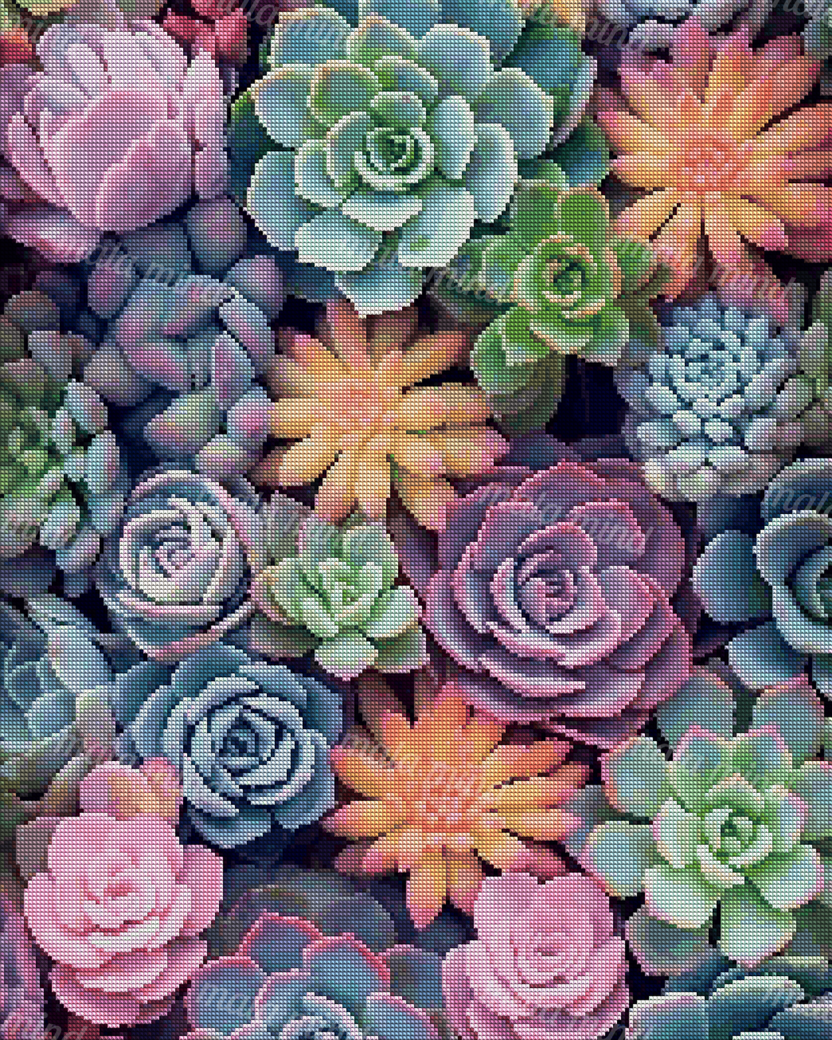 Colorful close-up arrangement of pink, purple, blue-green, and orange succulent rosettes — 04_diamond_render
