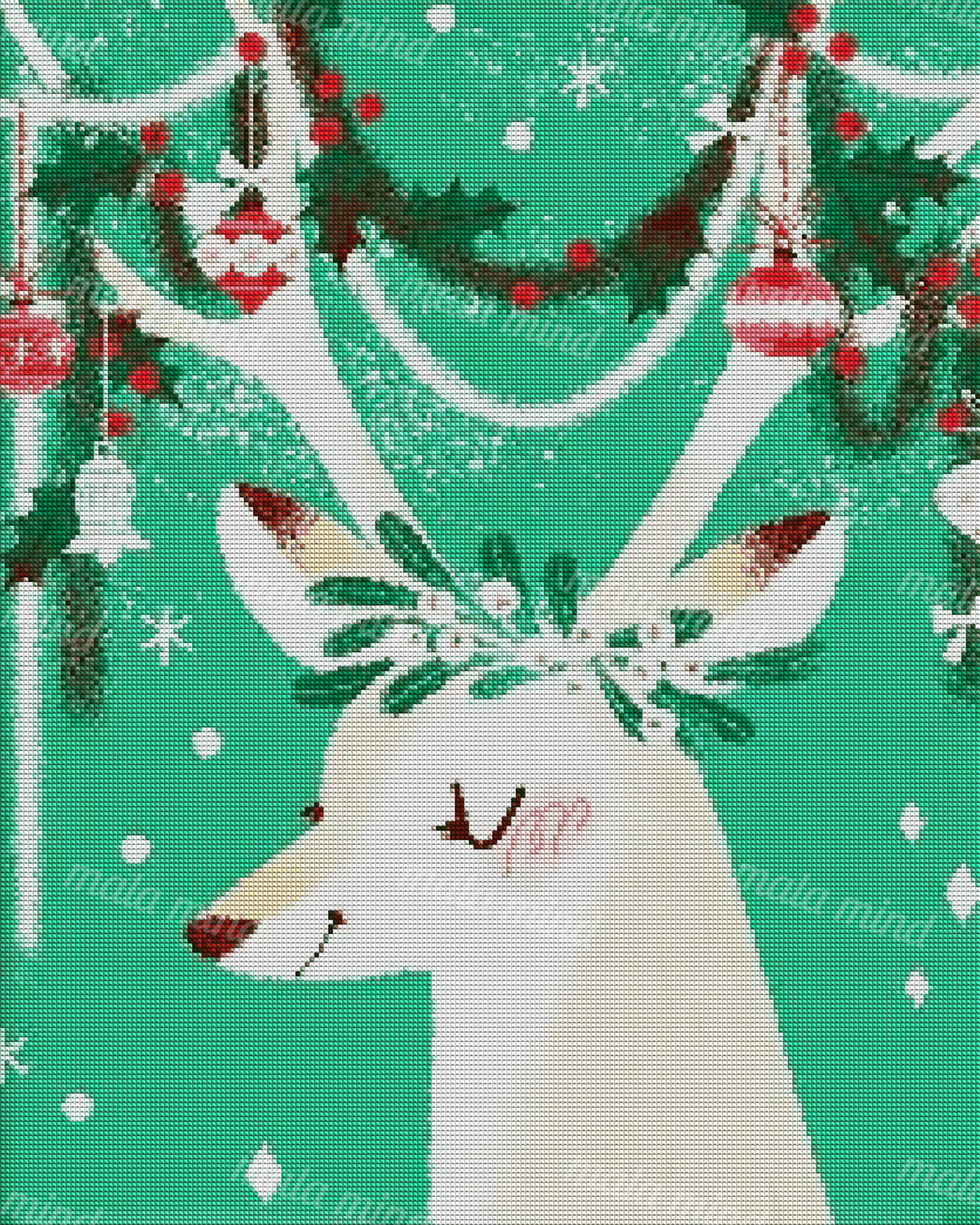 Cream-colored Christmas reindeer with floral antlers, red ornaments, green garlands, and snowflake motifs — 04_diamond_render