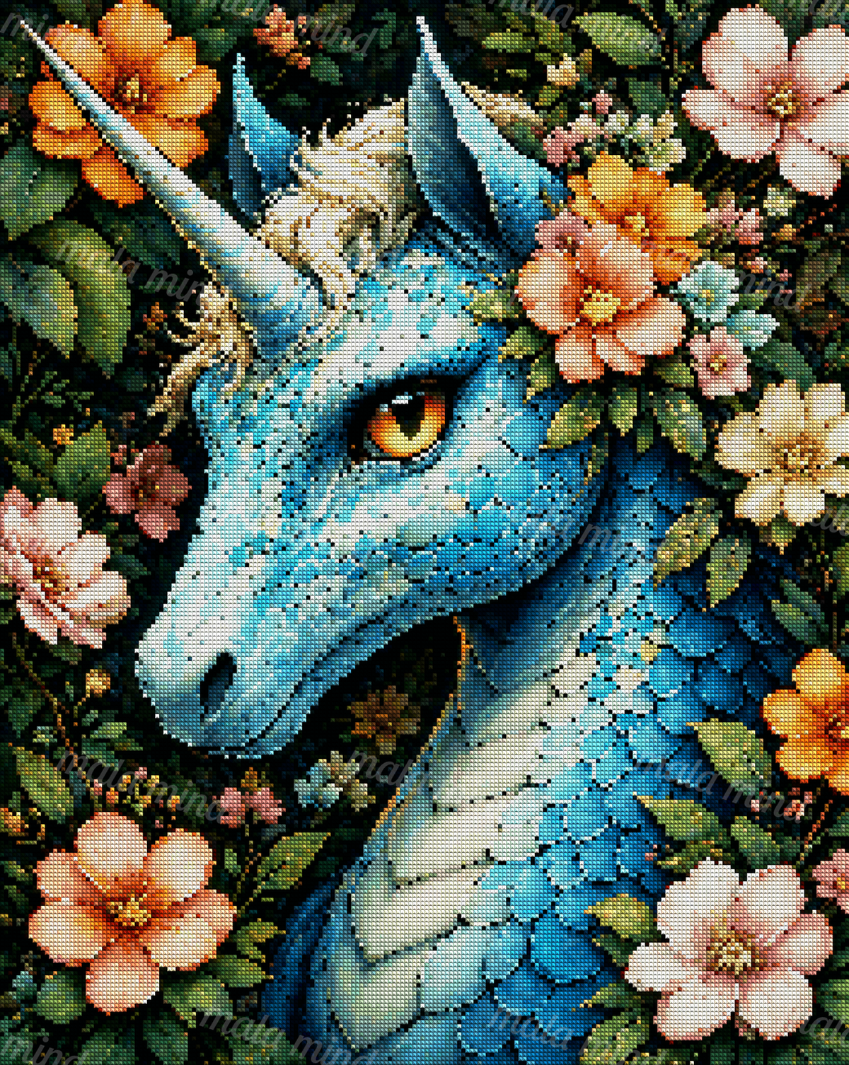 Blue horned dragon with turquoise scales surrounded by colorful flowers and dark green foliage — 04_diamond_render