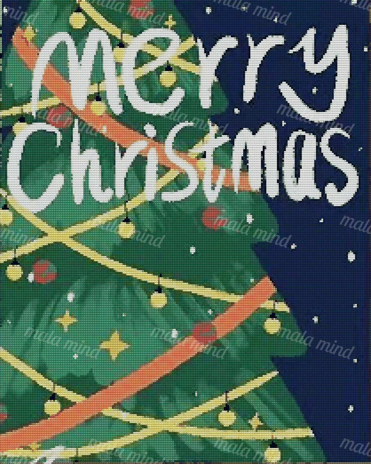 Decorated green Christmas tree with lights, red ribbon, and white Merry Christmas lettering — 04_diamond_render