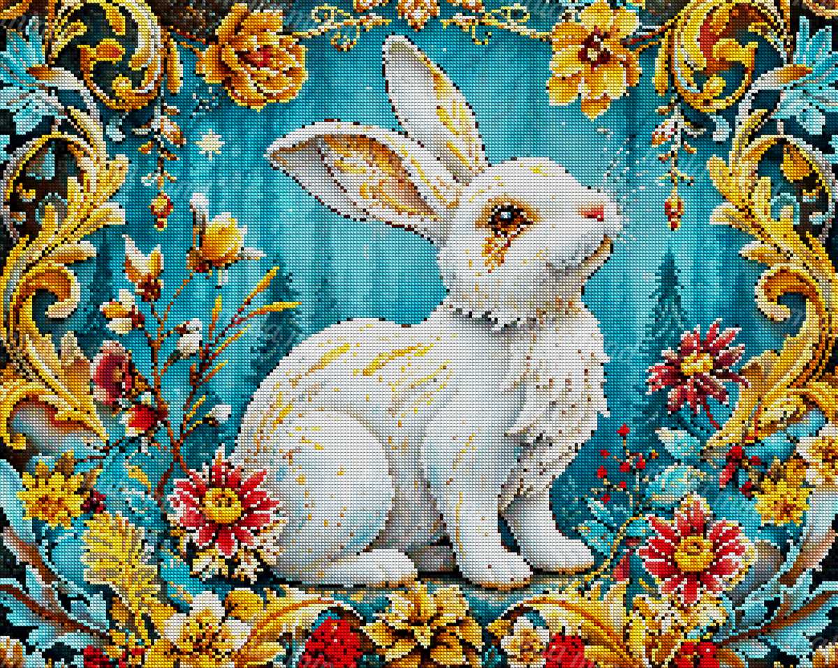 White rabbit with golden markings surrounded by colorful flowers and evergreen trees in a teal woodland scene. — 04_diamond_render