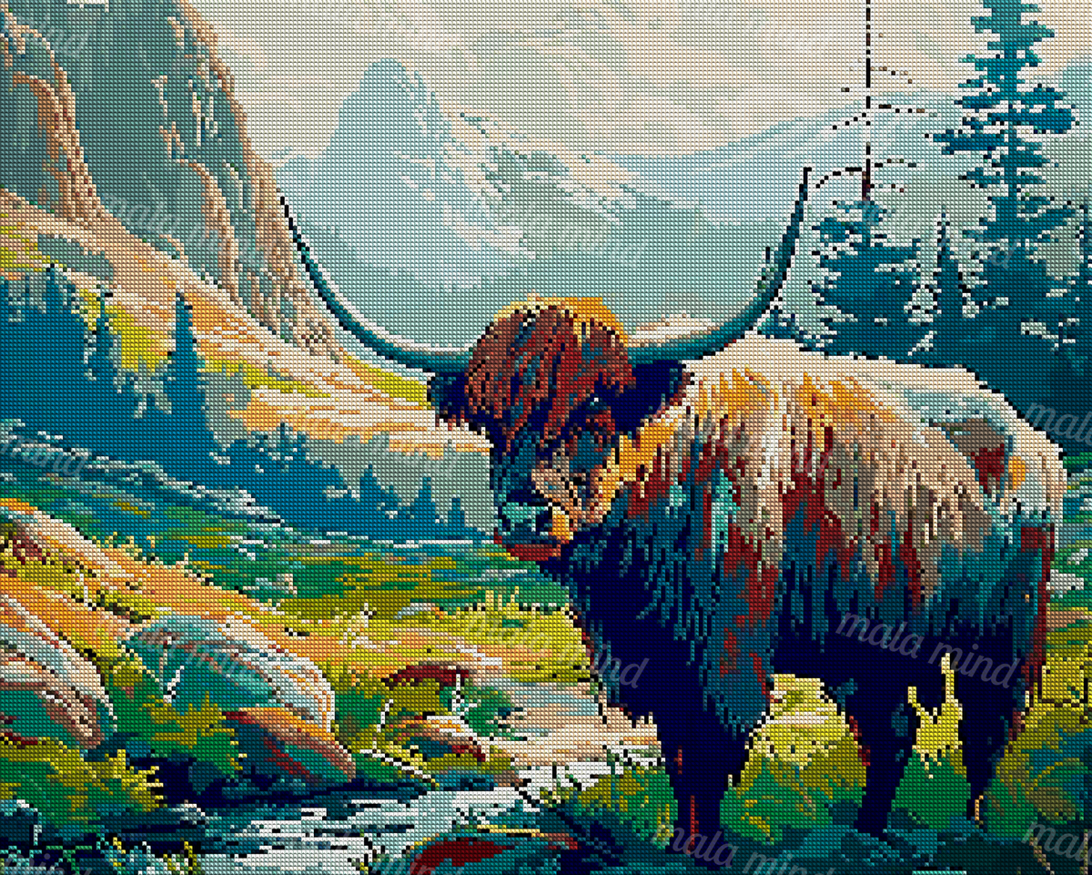Shaggy Highland cow with long horns beside a stream in a stylized alpine mountain valley — 04_diamond_render