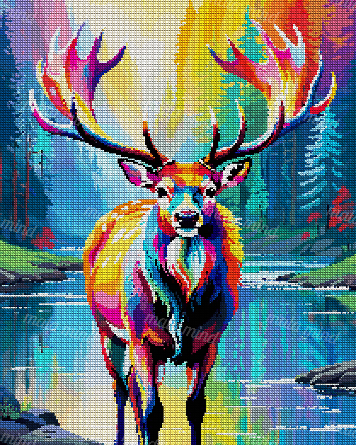 Colorful stag with vivid antlers standing beside reflective water in an evergreen forest — 04_diamond_render