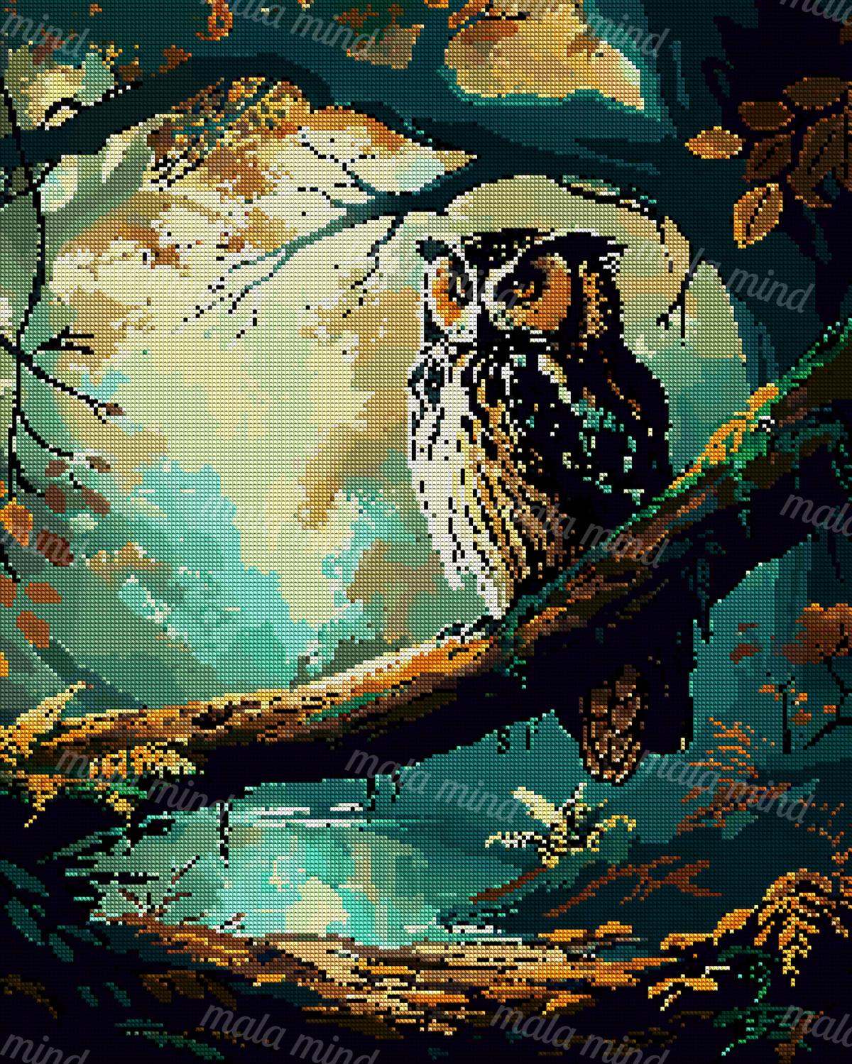 Stylized owl perched on a branch amid dense teal forest foliage, ferns, and a softly lit clearing. — 04_diamond_render