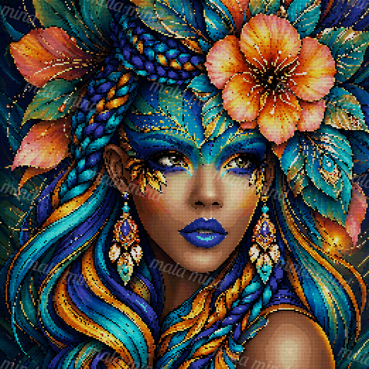 Ornate woman portrait with blue braided hair, coral flowers, foliage, gold details, and decorative earrings — 04_diamond_render