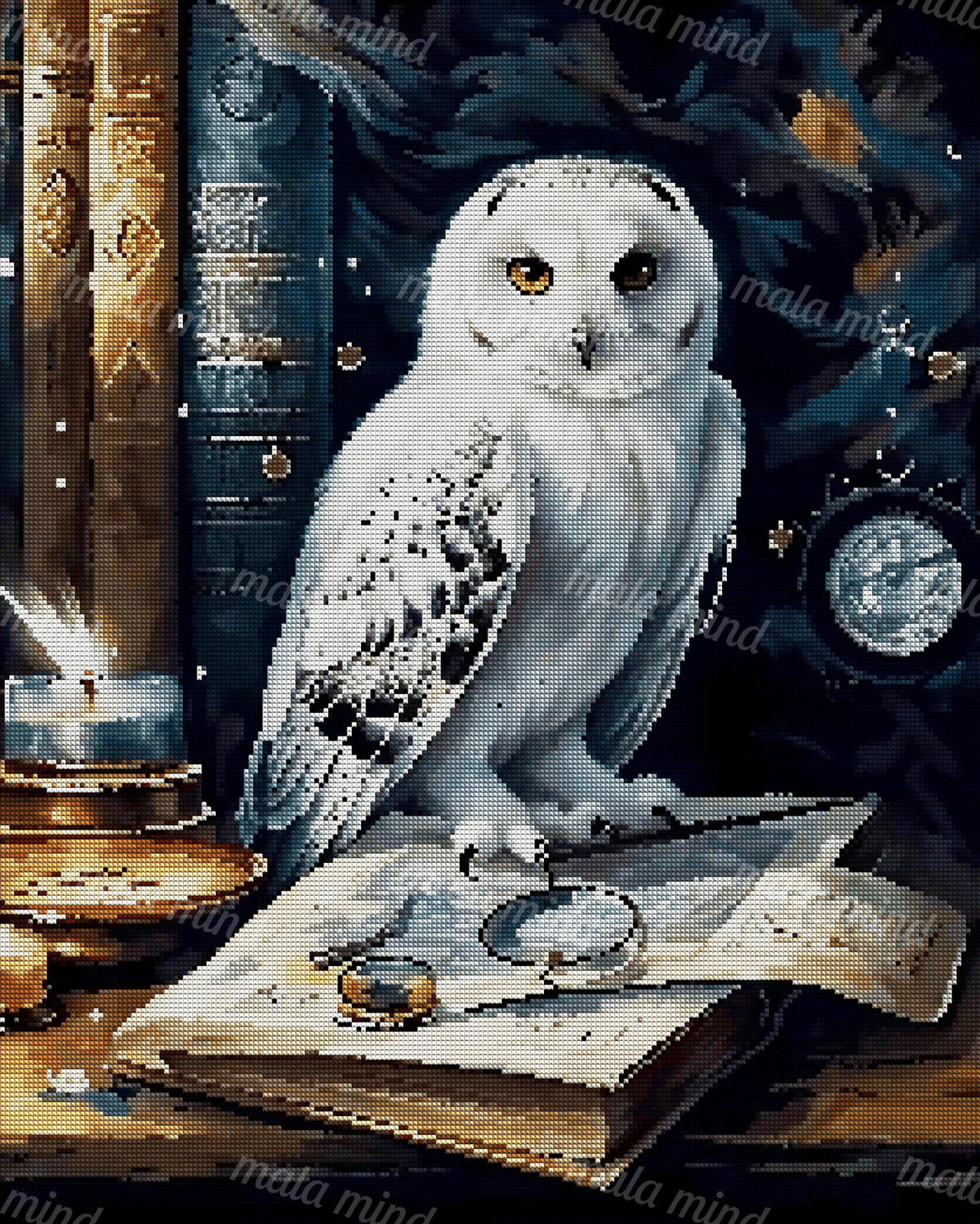 White owl perched over an open illustrated book with a candle, stacked books, and scholarly instruments — 04_diamond_render