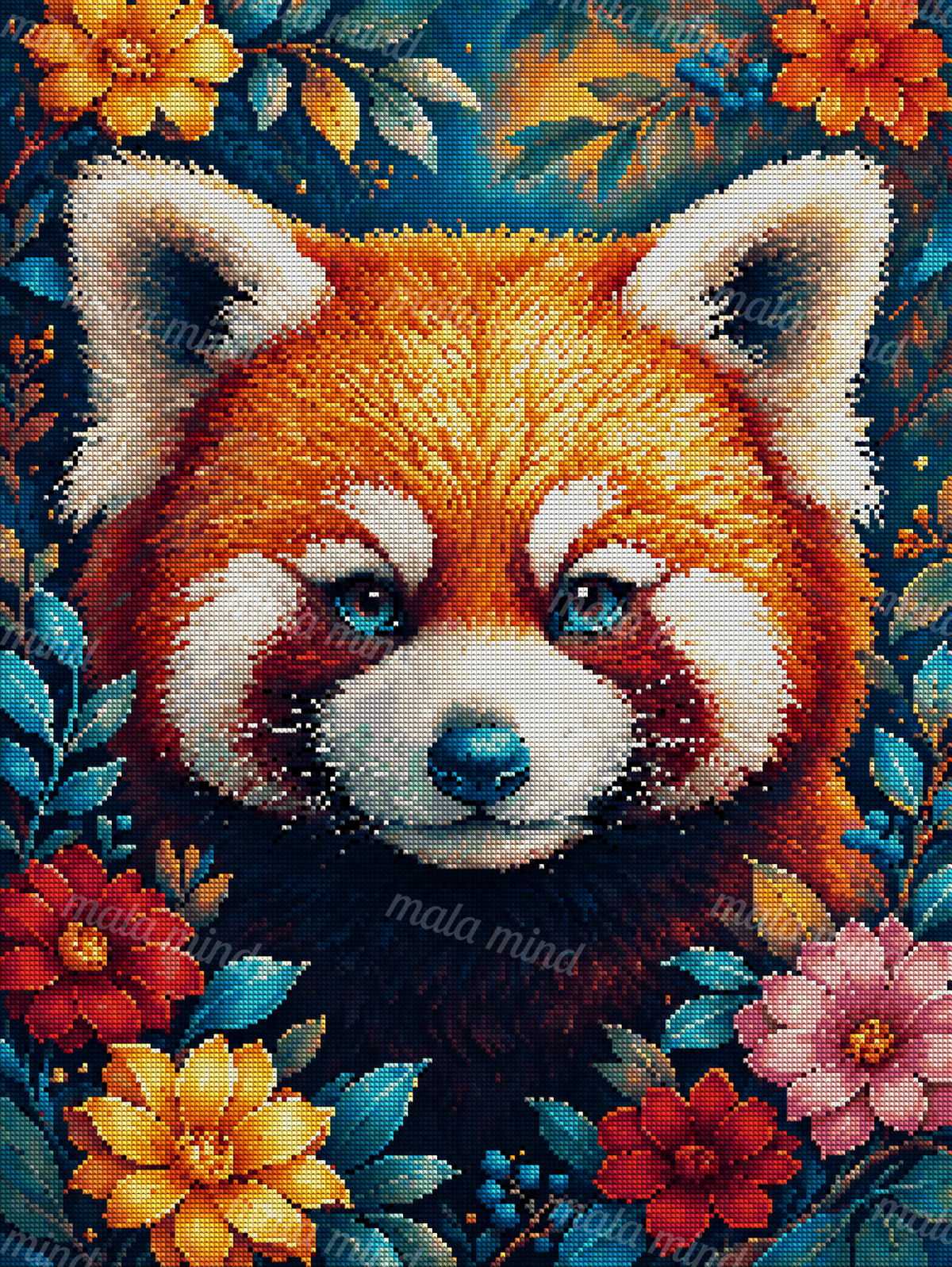 Close-up red panda with blue eyes framed by colorful flowers, leaves, and blue berries — 04_diamond_render