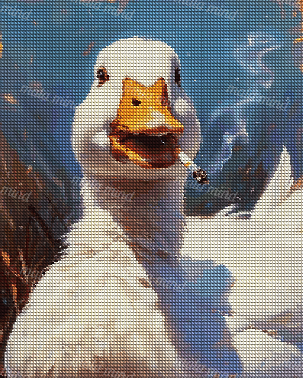 Painterly white duck holding a lit cigarette with curling smoke against a deep blue background — 04_diamond_render