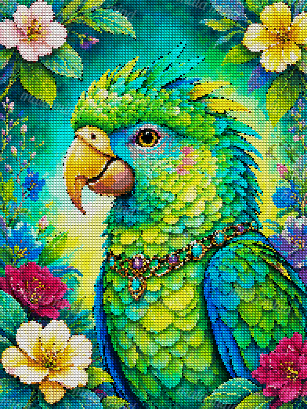 Colorful green and blue parrot wearing a jeweled chain, surrounded by bright tropical flowers and foliage. — 04_diamond_render