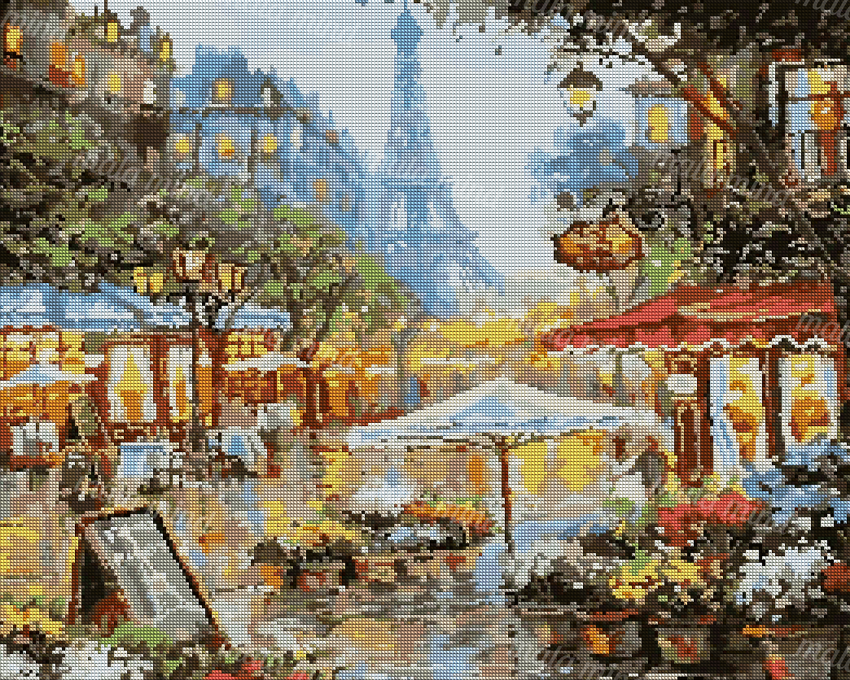 Painterly Parisian street with cafés, glowing lamps, wet pavement, and the Eiffel Tower in the background — 04_diamond_render