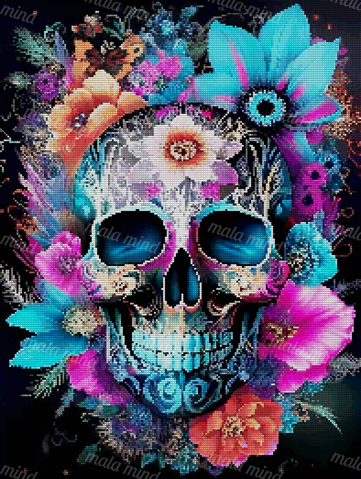 Colorful floral sugar skull wearing sunglasses, surrounded by blossoms and a butterfly on black — 04_diamond_render