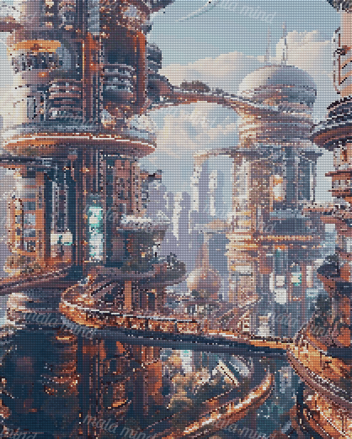 Futuristic cityscape with rounded towers, glowing skybridges, rooftop greenery, and blue skies — 04_diamond_render
