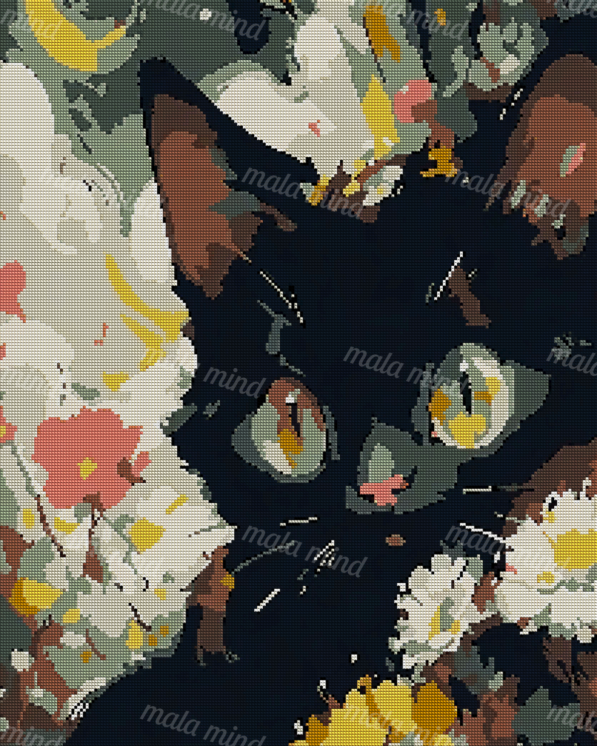 Stylized black cat with large eyes framed by cream, yellow, coral, and green flowers — 04_diamond_render