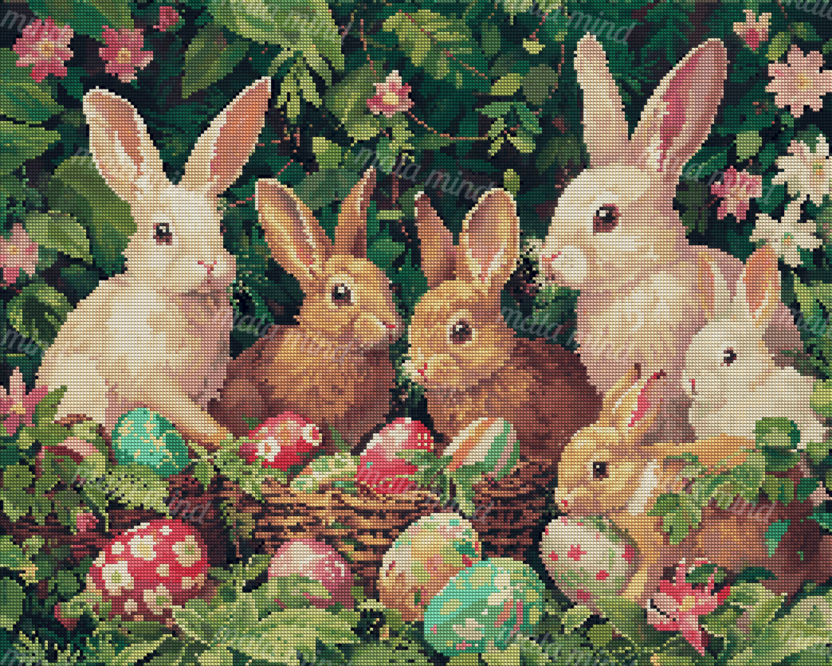 Six rabbits surrounded by flowers, foliage, woven baskets, and colorful decorated Easter eggs — 04_diamond_render