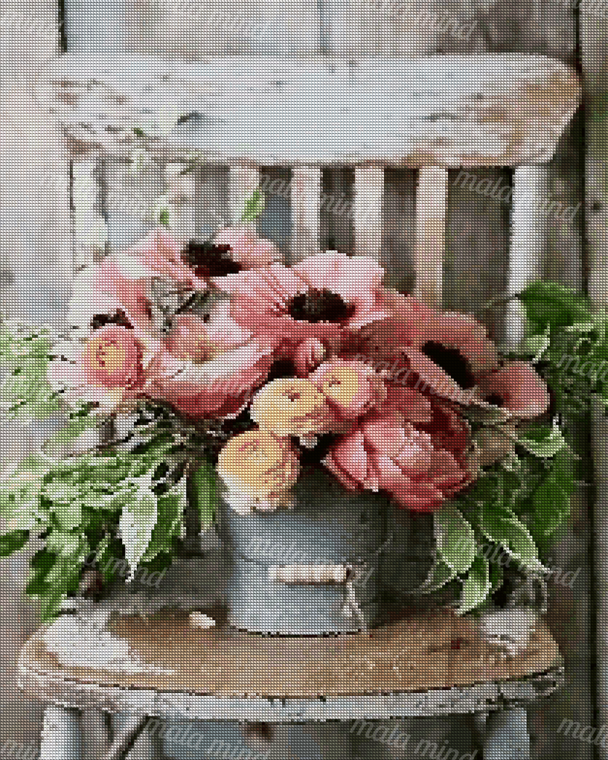 Pink and yellow flower bouquet in a gray pail resting on a weathered wooden chair — 04_diamond_render