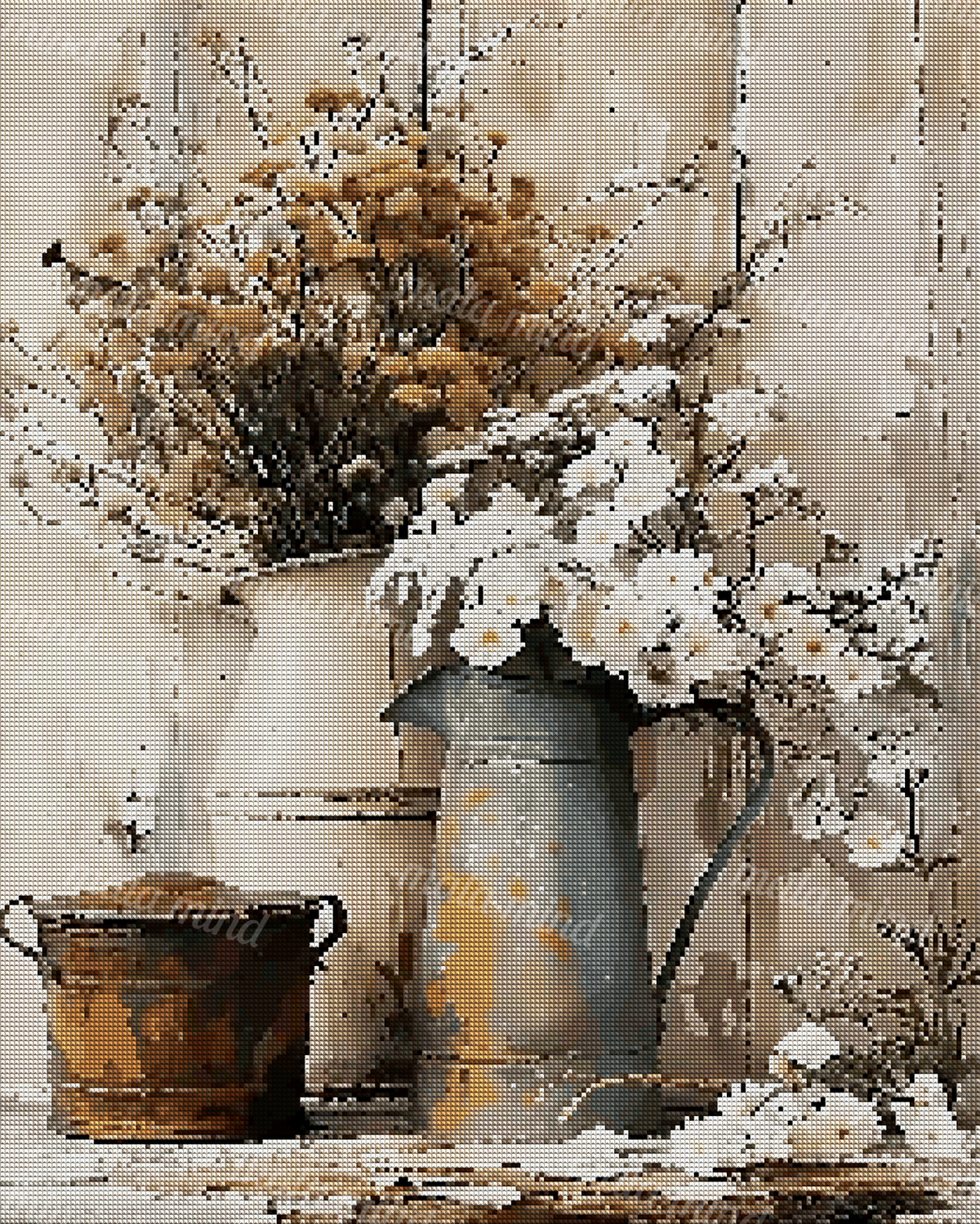 Rustic still life of white flowers and tan branches in blue-gray, cream, and dark vessels — 04_diamond_render