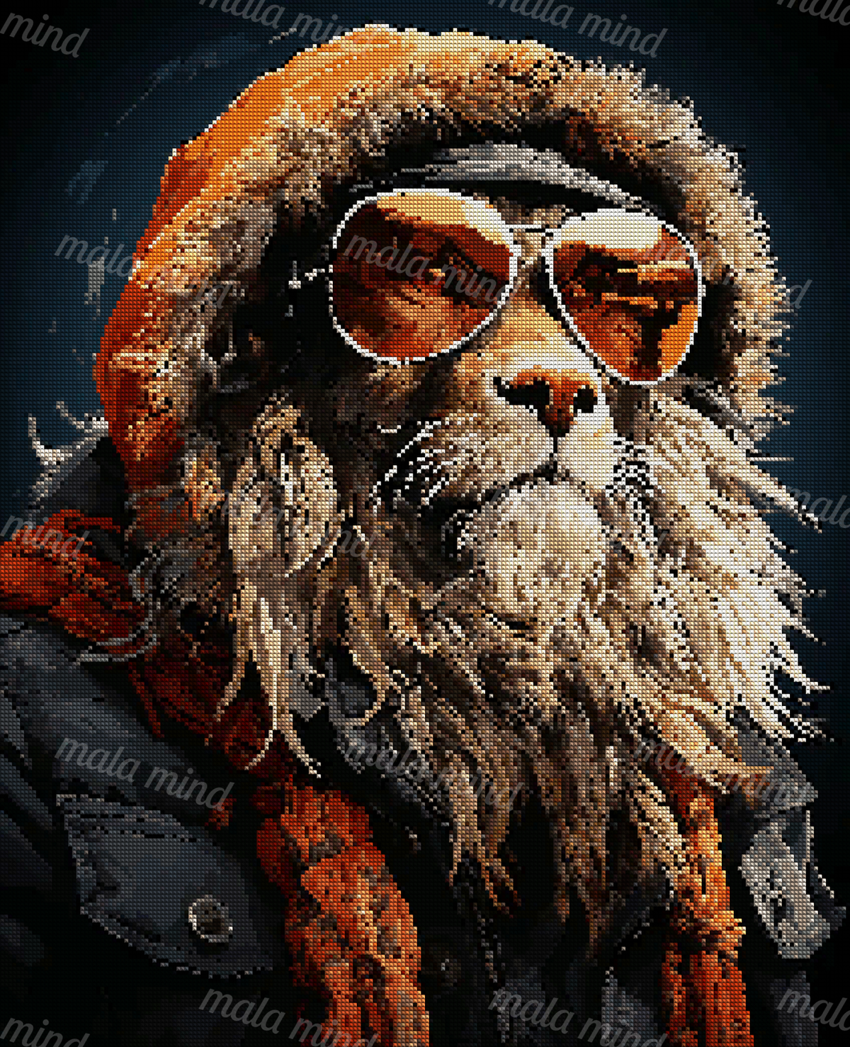 Shaggy dog in reflective aviator sunglasses, an orange hood, and dark clothing — 04_diamond_render
