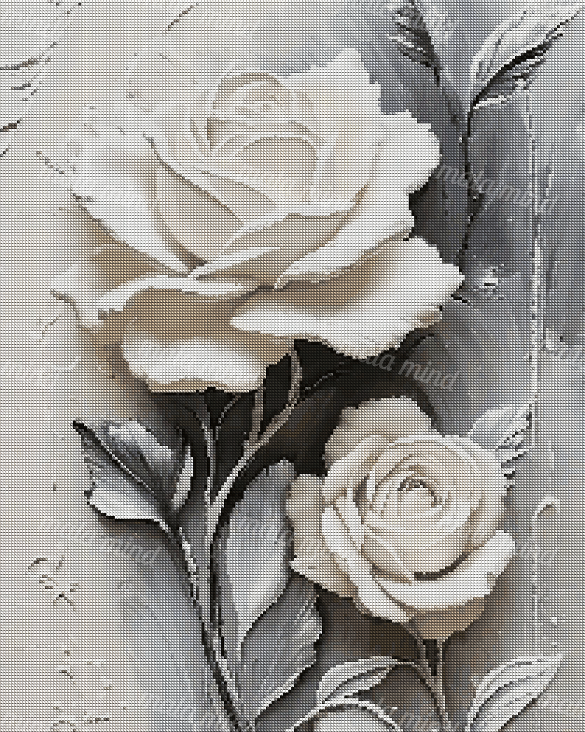 Monochromatic artwork of two ivory roses with dark leaves and stems on a textured gray background — 04_diamond_render