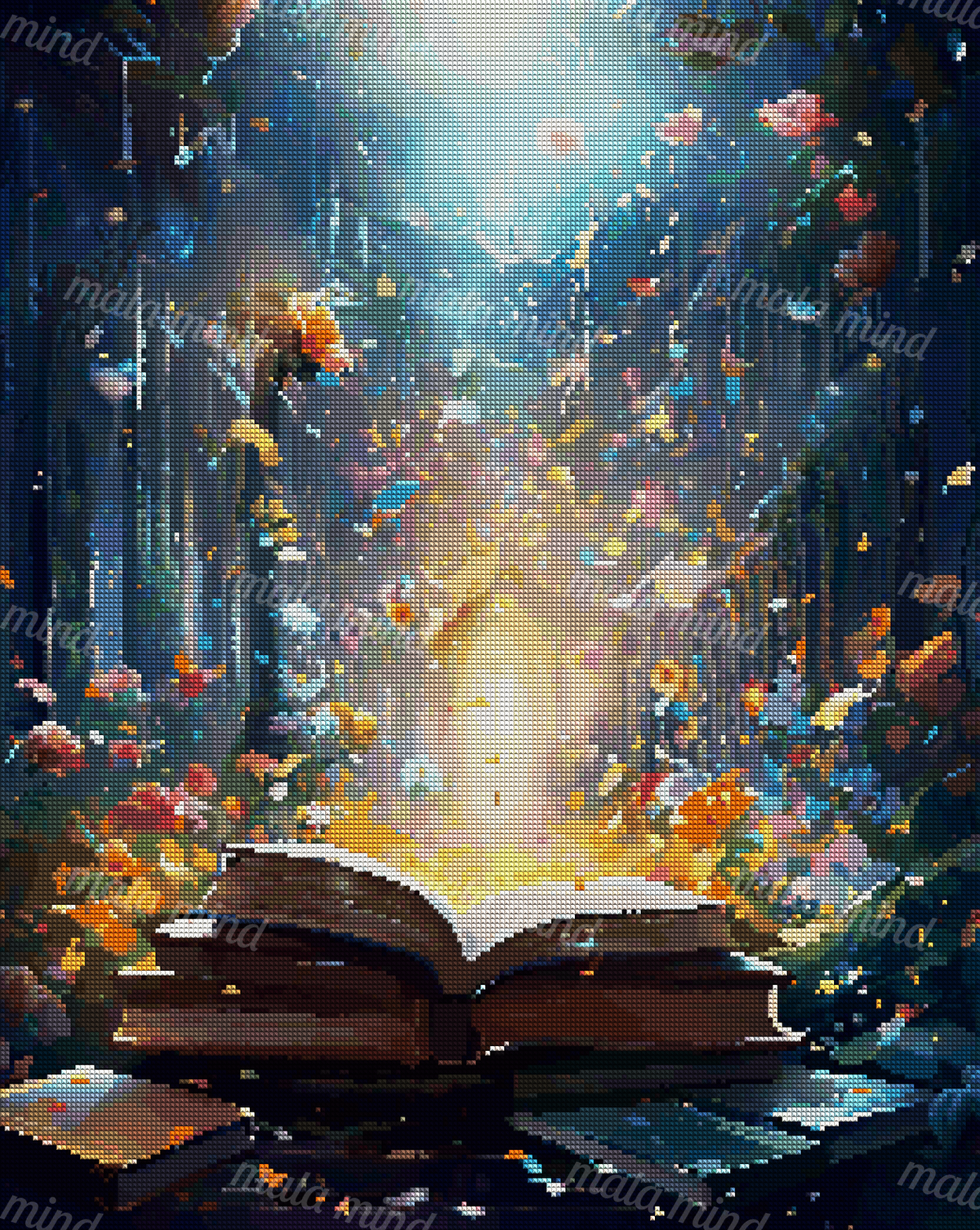 Open book surrounded by flowers reveals a glowing fantasy forest with floating petals and a bright central path. — 04_diamond_render