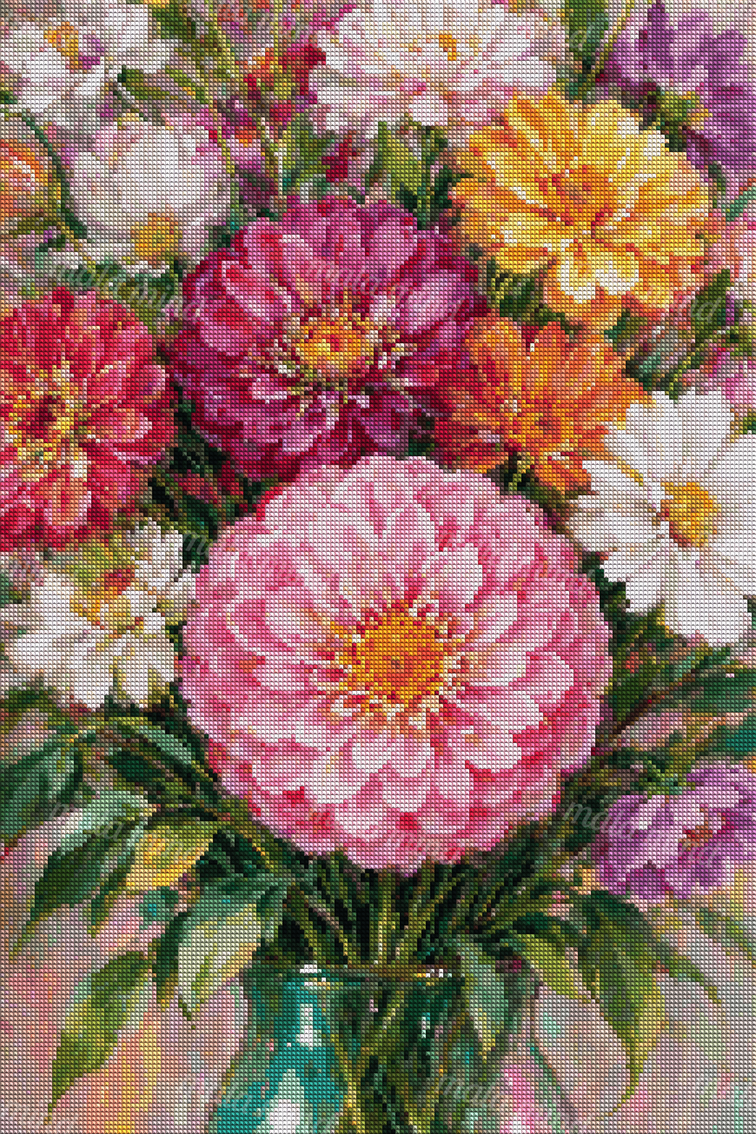 Colorful painterly flower bouquet with pink, orange, purple, and white blooms in a teal glass vase — 04_diamond_render