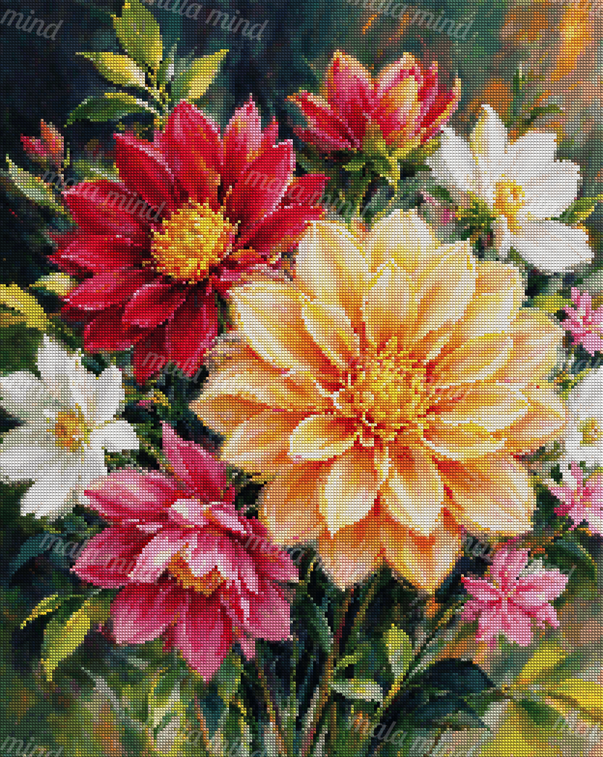 Painterly bouquet of red, peach, pink, and white flowers with green leaves against a dark background — 04_diamond_render