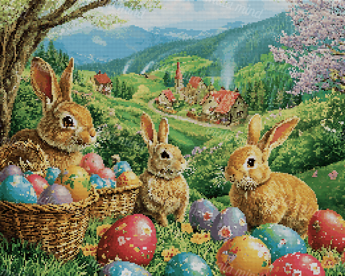 Three rabbits and decorated Easter eggs in a flowering meadow overlooking a mountain village — 04_diamond_render