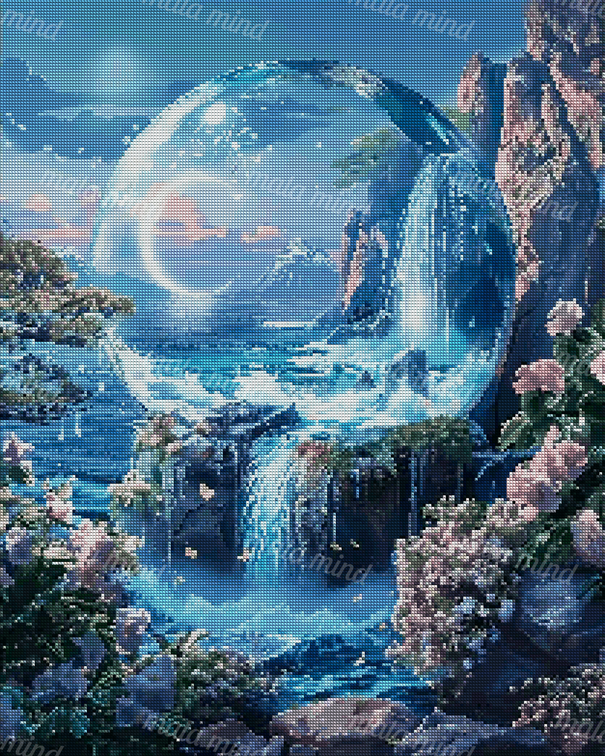 Transparent sphere above waterfalls and a calm sea, framed by cliffs, mountains, mossy rocks, and flowers. — 04_diamond_render