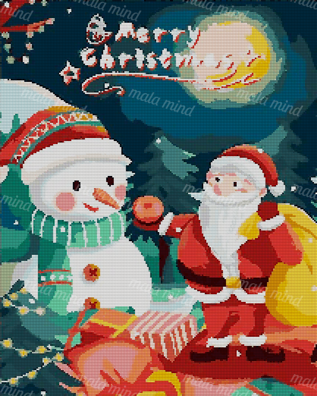 Santa and snowman beside presents and evergreen trees under Merry Christmas lettering — 04_diamond_render