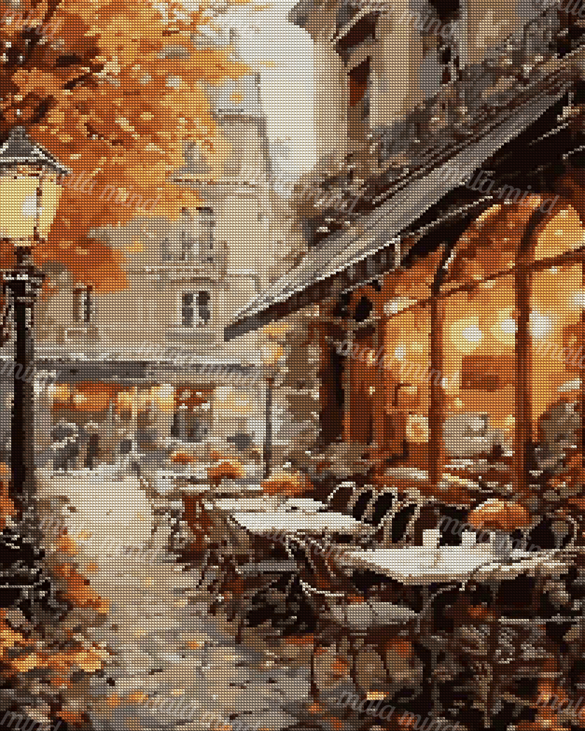 Painterly autumn city street with glowing cafe windows, outdoor tables, dark chairs, and orange foliage. — 04_diamond_render