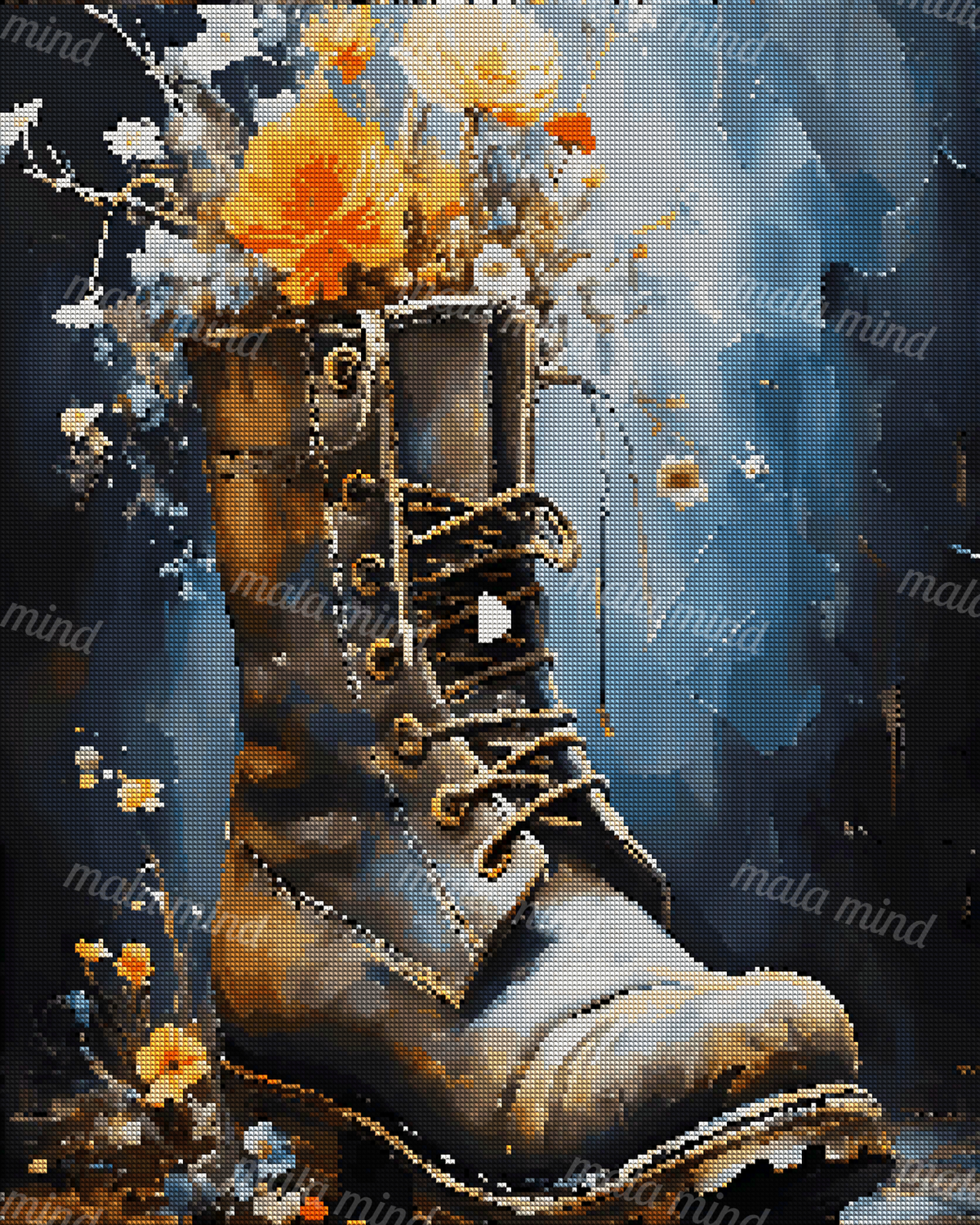 Painterly brown lace-up boot holding orange, cream, and white flowers against a dark blue background — 04_diamond_render