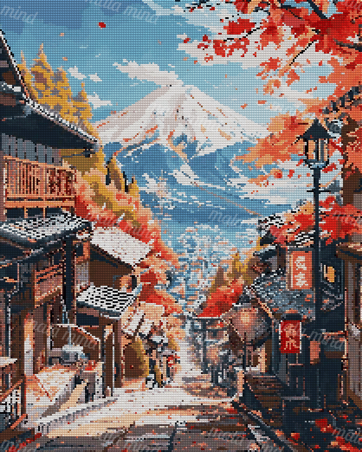 Japanese hillside street descending toward snow-capped Mount Fuji, framed by red autumn maple leaves and tiled rooftops — 04_diamond_render