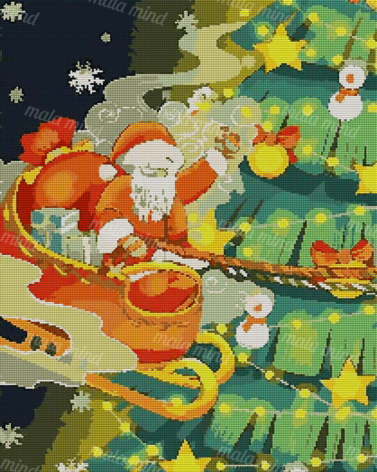 Santa with a red sack beside a decorated Christmas tree with snowmen, stars, gifts, bows, and lights — 04_diamond_render