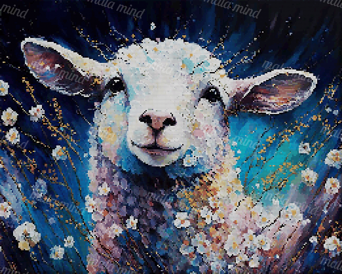 White lamb portrait with pastel blossoms and gold-accented branches on a deep blue background — 04_diamond_render