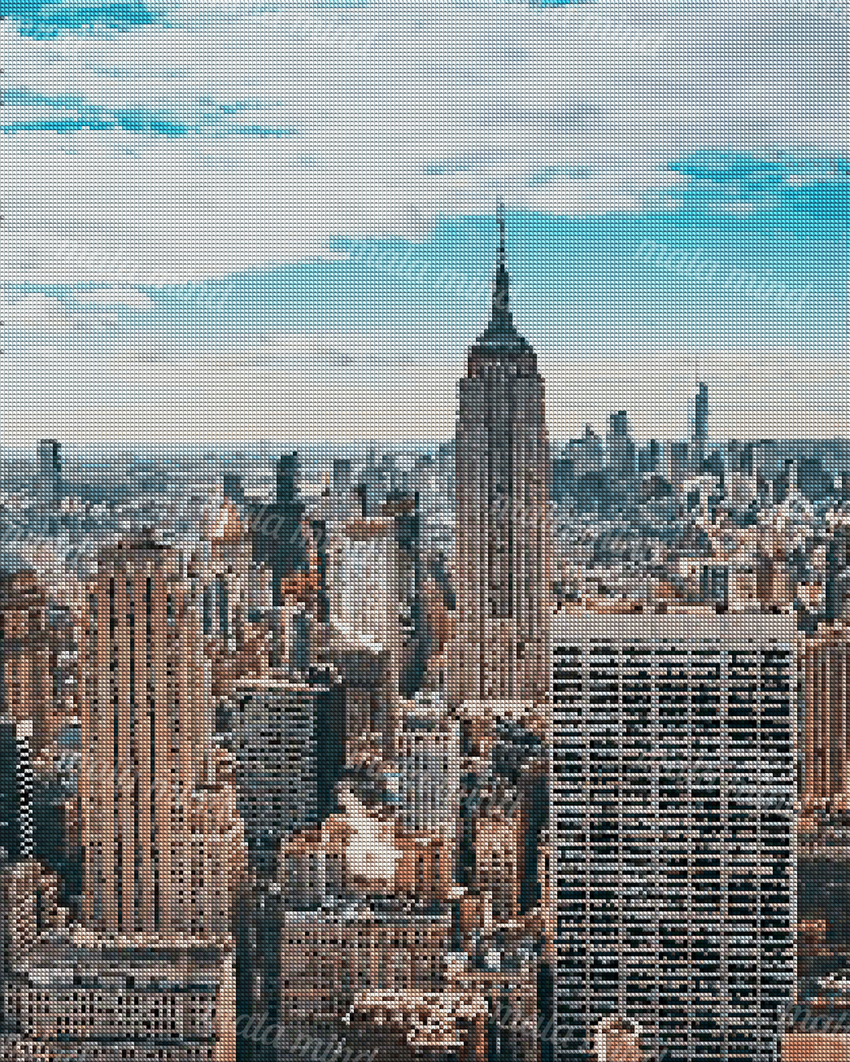 Aerial Manhattan skyline with the Empire State Building centered beneath a blue, cloud-filled sky — 04_diamond_render