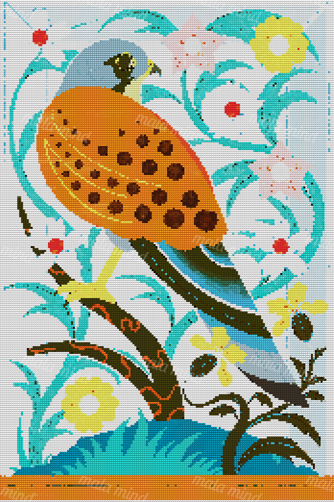 Colorful orange-spotted bird perched among white, pink, and yellow flowers with curling teal foliage. — 04_diamond_render