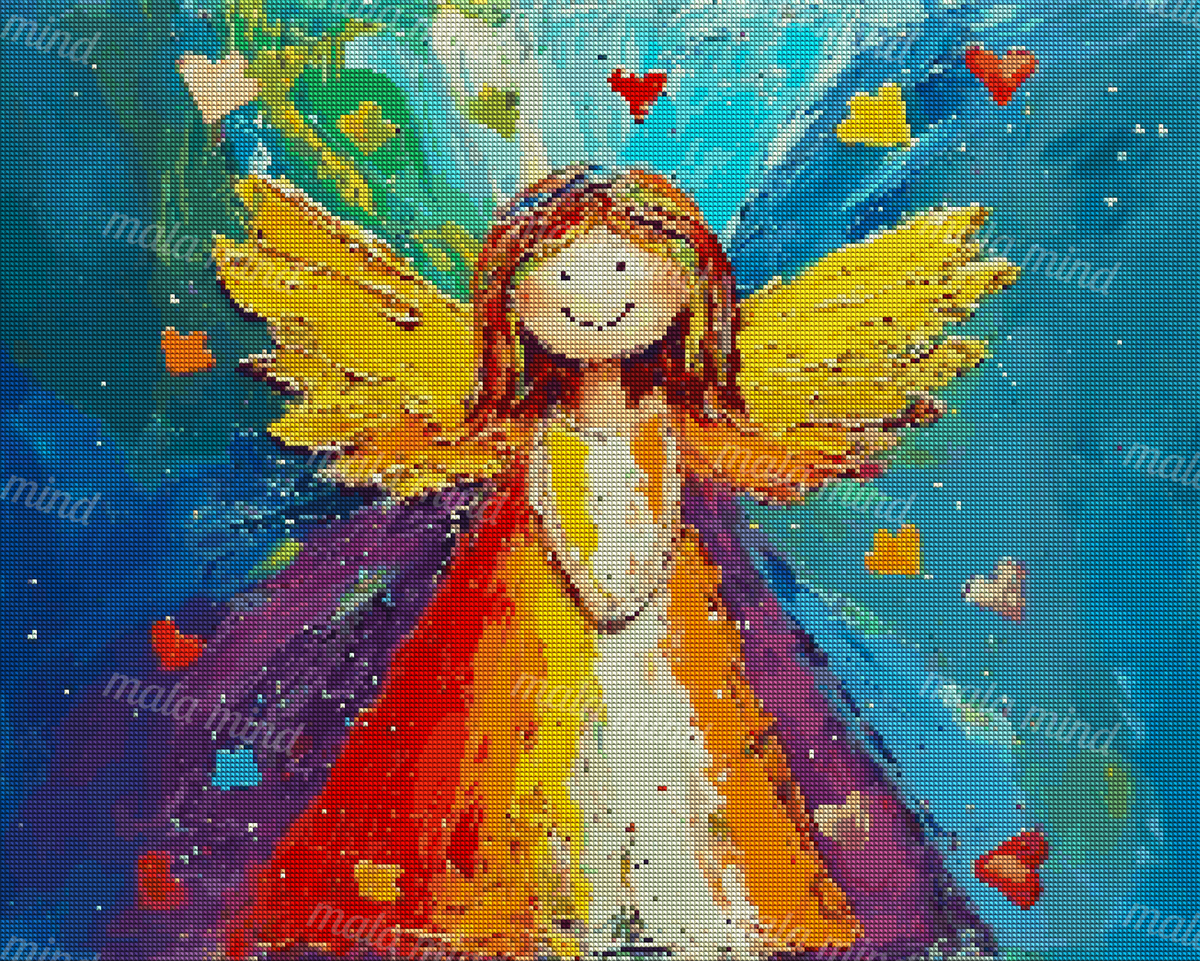 Smiling winged girl with rainbow dress and yellow wings against a turquoise abstract background with hearts — 04_diamond_render
