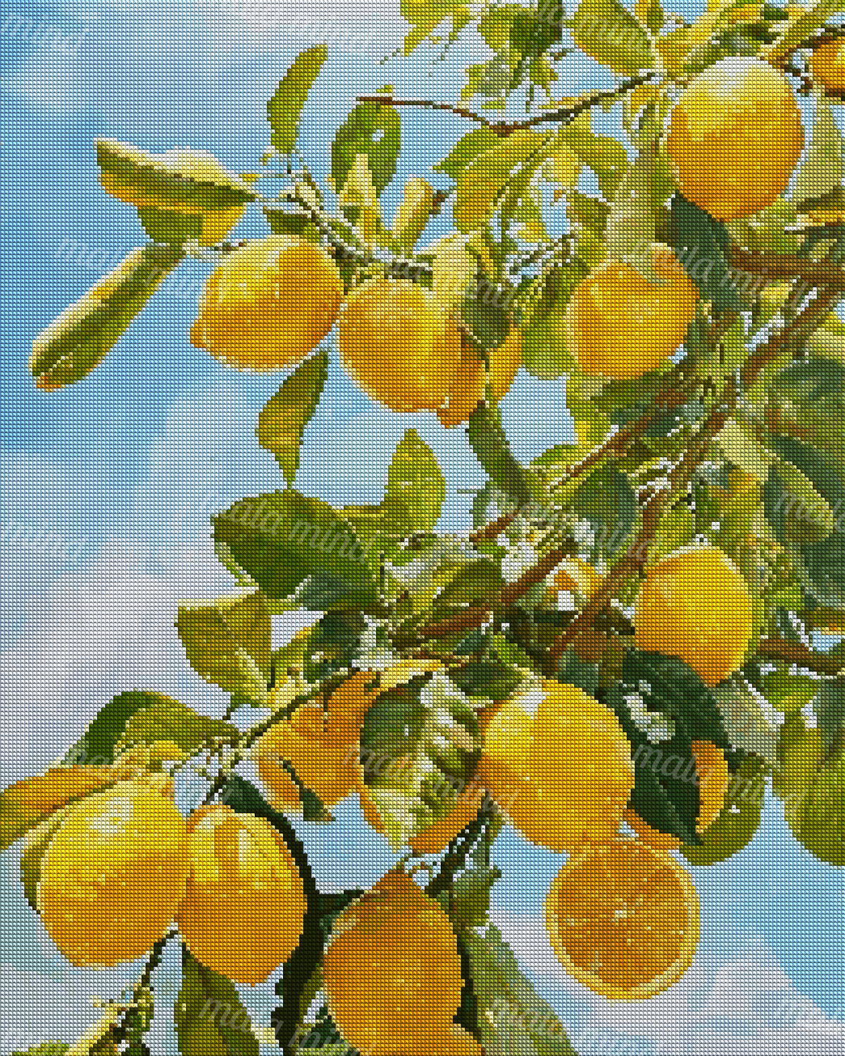 Painterly citrus tree laden with ripe oranges, green leaves, and a sliced fruit against blue sky — 04_diamond_render