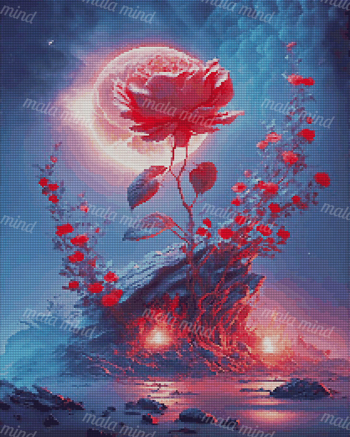 Giant red rose before a full moon, surrounded by vines above glowing rocks and reflective water — 04_diamond_render