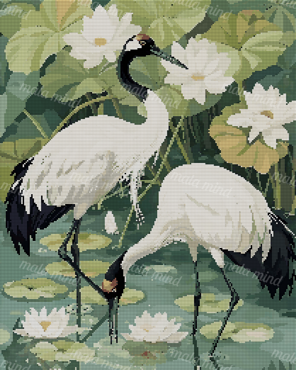 Two black-and-white cranes stand in a lotus pond surrounded by white flowers and green lily pads. — 04_diamond_render