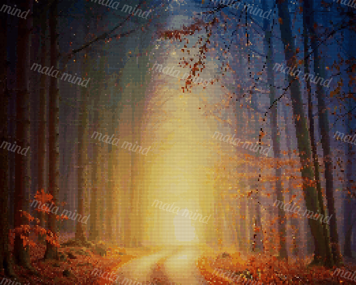 Sunlight glows through a dense autumn forest along a winding dirt path. — 04_diamond_render