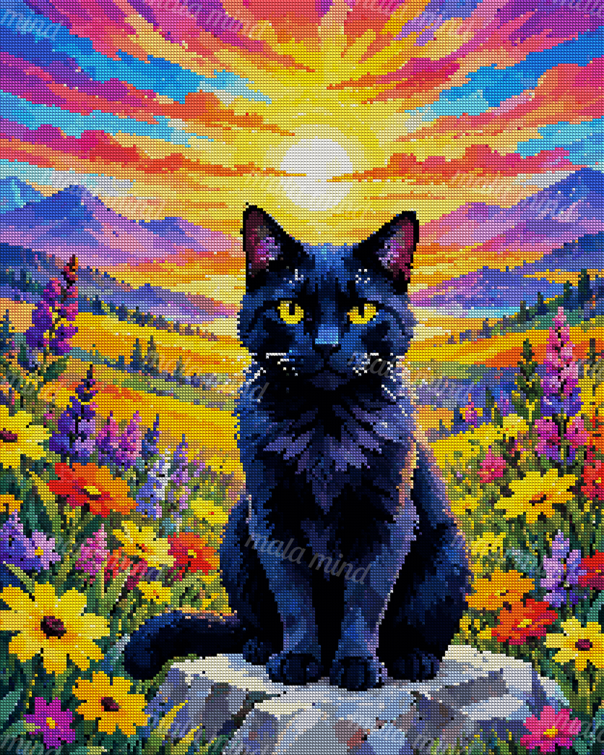 Black cat with yellow eyes seated among colorful flowers before mountains and a glowing sunset. — 04_diamond_render