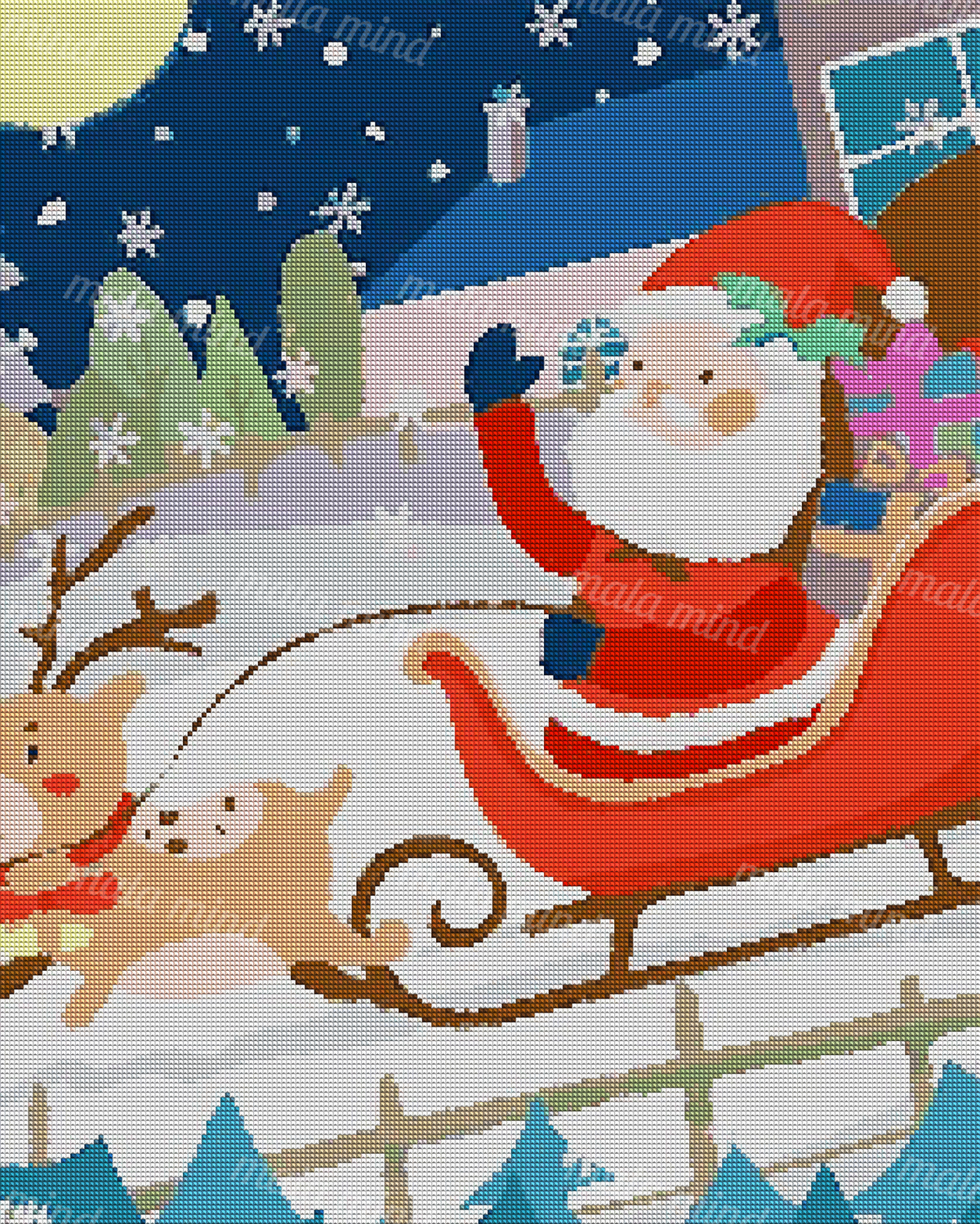 Cartoon Santa waves from a red sleigh pulled by a reindeer through a snowy Christmas night. — 04_diamond_render